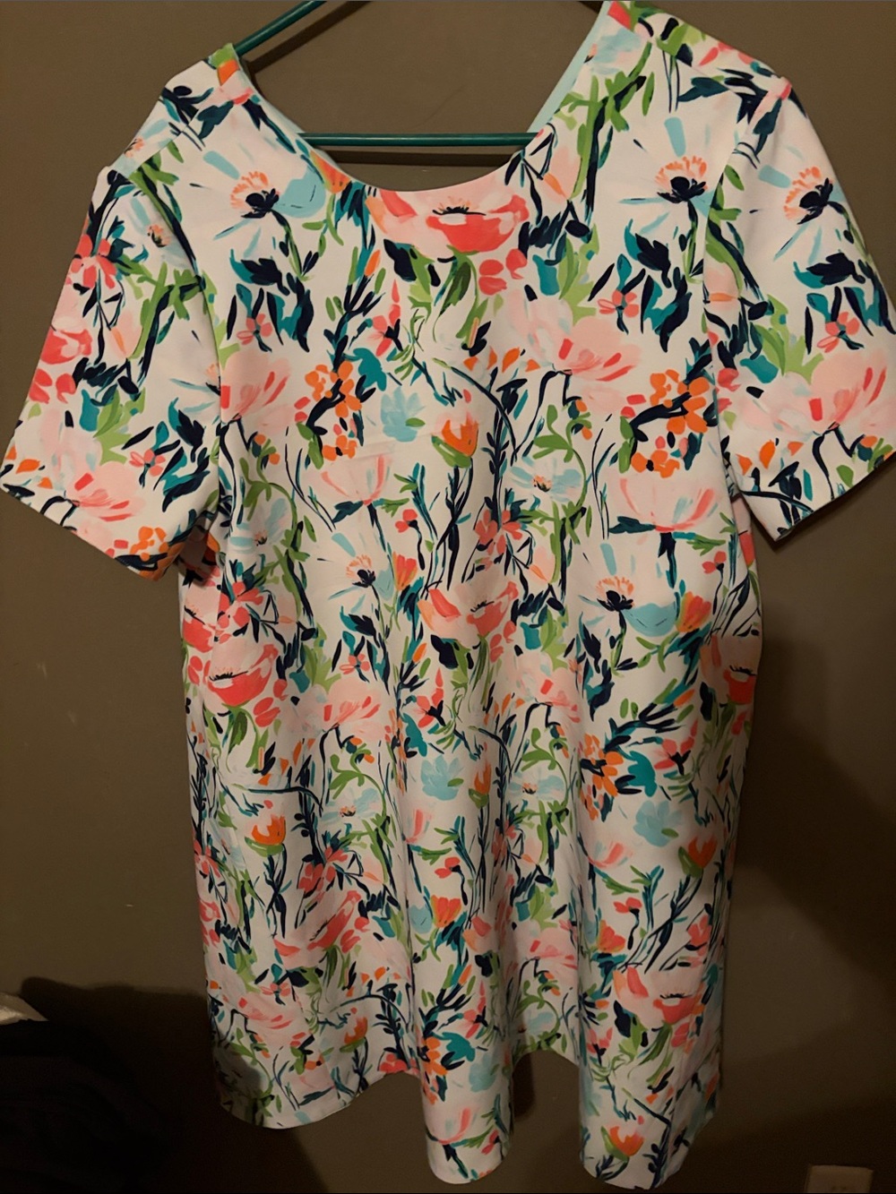 Floral Printed Short-Sleeve Women’s Dress - White with Coral & Navy reversible